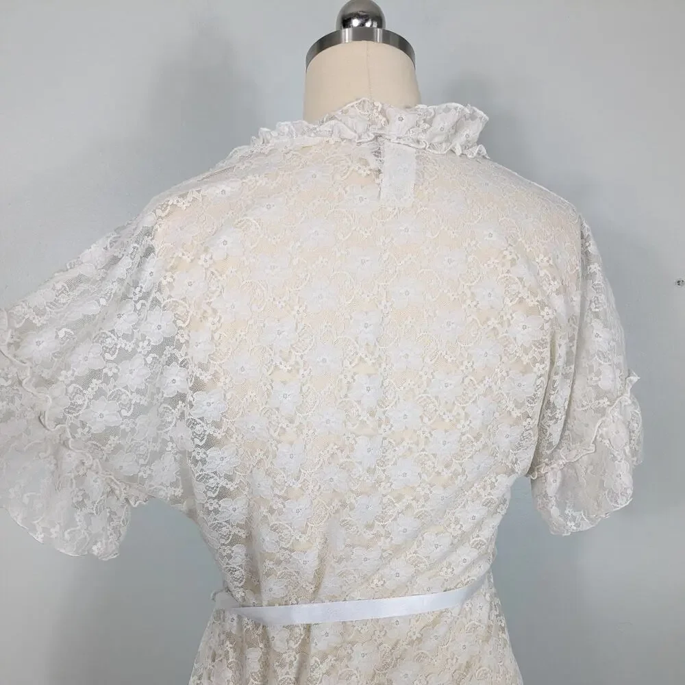Lace Ruffle Robe Top M Cream Ivory Wrap Boho Fairy Hippie Y2K Floral Short